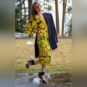 Maison Missy House 70s Peplum Maxi Dress Yellow Vneck  Long Sleeve Size S/M